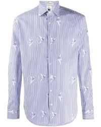 Camicia a maniche lunghe a righe verticali bianca e blu scuro di Etro