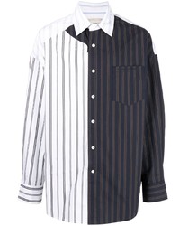 Camicia a maniche lunghe a righe verticali bianca e blu scuro di Feng Chen Wang