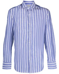 Camicia a maniche lunghe a righe verticali bianca e blu di Brunello Cucinelli