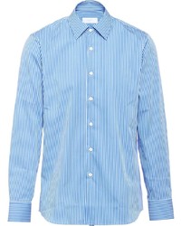 Camicia a maniche lunghe a righe verticali bianca e blu di Prada