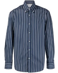 Camicia a maniche lunghe a righe verticali blu scuro e bianca di Brunello Cucinelli