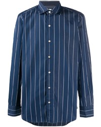 Camicia a maniche lunghe a righe verticali blu scuro e bianca di Finamore 1925 Napoli