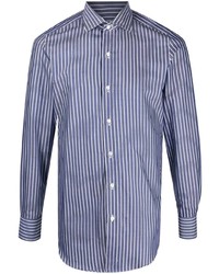 Camicia a maniche lunghe a righe verticali blu scuro e bianca di Finamore 1925 Napoli