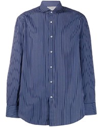 Camicia a maniche lunghe a righe verticali blu scuro di Brunello Cucinelli