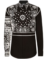 Camicia a maniche lunghe con stampa cachemire nera e bianca di Dolce & Gabbana