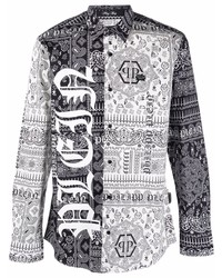 Camicia a maniche lunghe con stampa cachemire nera e bianca di Philipp Plein
