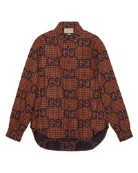 Camicia a maniche lunghe di lana a quadri marrone di Gucci