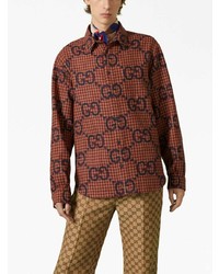 Camicia a maniche lunghe di lana a quadri marrone di Gucci