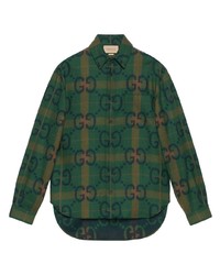 Camicia a maniche lunghe di lana a quadri verde scuro di Gucci