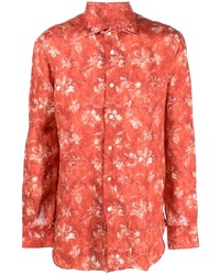 Camicia a maniche lunghe di lino a fiori arancione di Kiton
