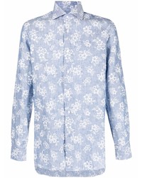 Camicia a maniche lunghe di lino a fiori azzurra di Barba