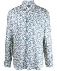 Camicia a maniche lunghe di lino a fiori azzurra di Barba