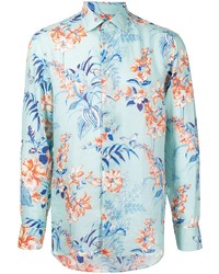 Camicia a maniche lunghe di lino a fiori azzurra di Etro