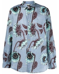 Camicia a maniche lunghe di lino a fiori azzurra di Paul Smith