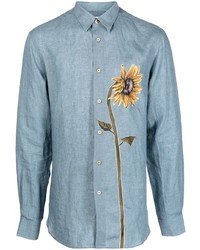 Camicia a maniche lunghe di lino a fiori azzurra di Paul Smith