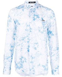 Camicia a maniche lunghe di lino a fiori azzurra di Philipp Plein