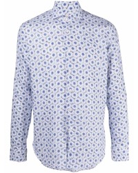 Camicia a maniche lunghe di lino a fiori azzurra di Xacus