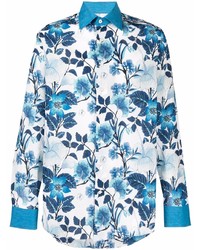 Camicia a maniche lunghe di lino a fiori bianca e blu