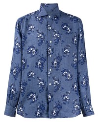 Camicia a maniche lunghe di lino a fiori blu