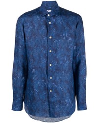 Camicia a maniche lunghe di lino a fiori blu di Kiton