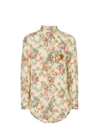 Camicia a maniche lunghe di lino a fiori marrone chiaro di Gucci