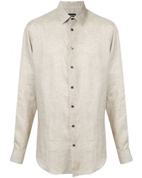 Camicia a maniche lunghe di lino a quadri beige di Giorgio Armani