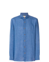 Camicia a maniche lunghe di lino a quadri blu di Borrelli