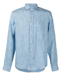 Camicia a maniche lunghe di lino a righe verticali azzurra di Brunello Cucinelli