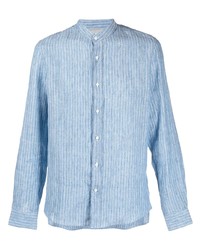 Camicia a maniche lunghe di lino a righe verticali azzurra di Brunello Cucinelli
