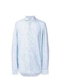 Camicia a maniche lunghe di lino a righe verticali azzurra di Corneliani