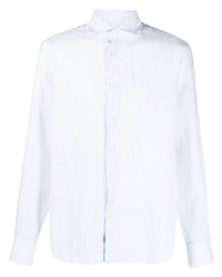 Camicia a maniche lunghe di lino a righe verticali azzurra di Deperlu