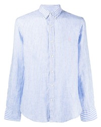 Camicia a maniche lunghe di lino a righe verticali azzurra di Ralph Lauren Collection