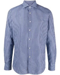 Camicia a maniche lunghe di lino a righe verticali bianca e blu scuro