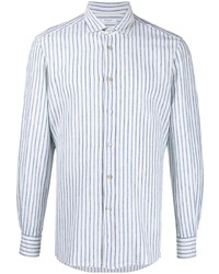 Camicia a maniche lunghe di lino a righe verticali bianca e blu scuro di Boglioli