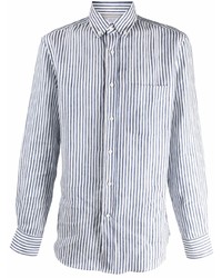 Camicia a maniche lunghe di lino a righe verticali bianca e blu scuro di Brunello Cucinelli