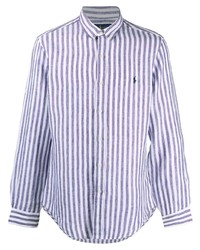 Camicia a maniche lunghe di lino a righe verticali bianca e blu scuro di Polo Ralph Lauren