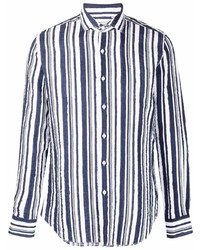 Camicia a maniche lunghe di lino a righe verticali bianca e blu scuro di Xacus