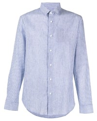 Camicia a maniche lunghe di lino a righe verticali bianca e blu di Armani Exchange