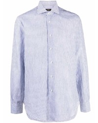 Camicia a maniche lunghe di lino a righe verticali bianca e blu di Barba