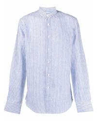 Camicia a maniche lunghe di lino a righe verticali bianca e blu di Dell'oglio