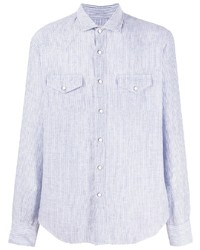 Camicia a maniche lunghe di lino a righe verticali bianca e blu di Eleventy