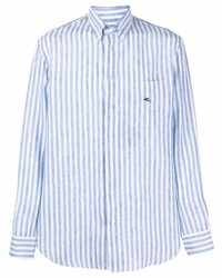 Camicia a maniche lunghe di lino a righe verticali bianca e blu di Etro