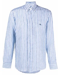 Camicia a maniche lunghe di lino a righe verticali bianca e blu di Etro