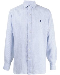 Camicia a maniche lunghe di lino a righe verticali bianca e blu di Polo Ralph Lauren