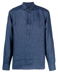 Camicia a maniche lunghe di lino a righe verticali blu scuro di Barba