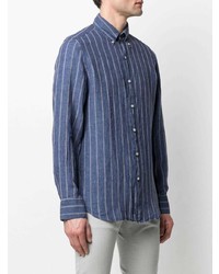 Camicia a maniche lunghe di lino a righe verticali blu scuro di Finamore 1925 Napoli