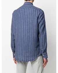 Camicia a maniche lunghe di lino a righe verticali blu scuro di Finamore 1925 Napoli