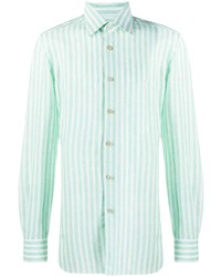 Camicia a maniche lunghe di lino a righe verticali verde menta