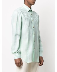 Camicia a maniche lunghe di lino a righe verticali verde menta di Kiton