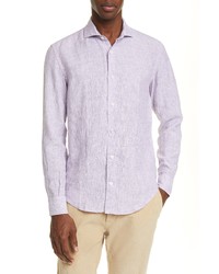 Camicia a maniche lunghe di lino a righe verticali viola chiaro